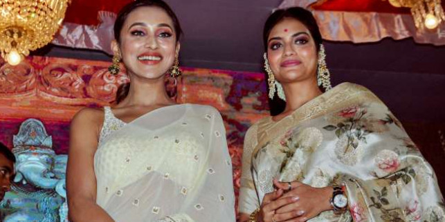 Ganesh Chaturthi 2019: TMC MPs Nusrat Jahan & Mimi Chakraborty spotted in festive spirit at pandal inauguration