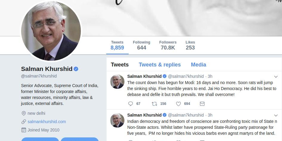सलमान खुर्शीद का ट्वीट- मोदी के सिर्फ 16 दिन बचे, जल्द डूबते जहाज से कूदेंगे चूहे