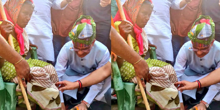 शिवराज सिंह चौहान ने आदिवासी के घर खाया खाना, वृद्ध महिला के पैर भी धोए