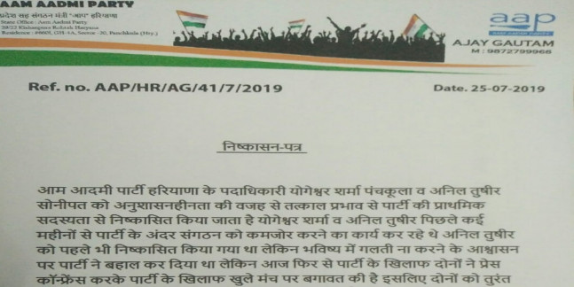 आप के खिलाफ खुले मंच पर बगावत करने पर इन दो कार्यकर्ताओं को किया गया निष्कासित